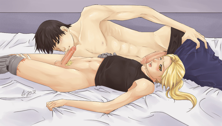 2boys 69 balls blanket_grab blonde_hair bottomless brown_eyes censored dark_brown_hair edward_elric erect_nipples erect_nipples_under_clothes erection fullmetal_alchemist gay holding_leg human licking_penis long_hair male mouth_open multiple_males on_bed oral oral_sex pants_down penis_on_face pixelated pointless_censoring roy_mustang shirt_up sleeveless_shirt tagme tank_top tied_hair tongue_out topless yaoi