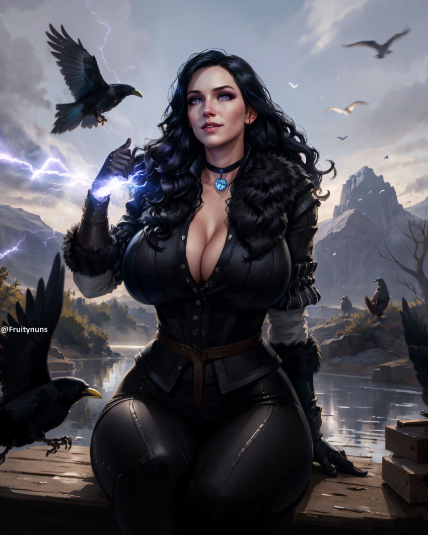 ai_generated ai_hands big_breasts birds black_hair breasts busty cd_projekt_red cleavage fantasy fruitynuns hourglass_figure huge_breasts long_hair multi_digit multi_finger narrow_waist necklace purple_eyes sorceress the_witcher_(series) the_witcher_3:_wild_hunt thick_thighs thighs top_heavy yennefer