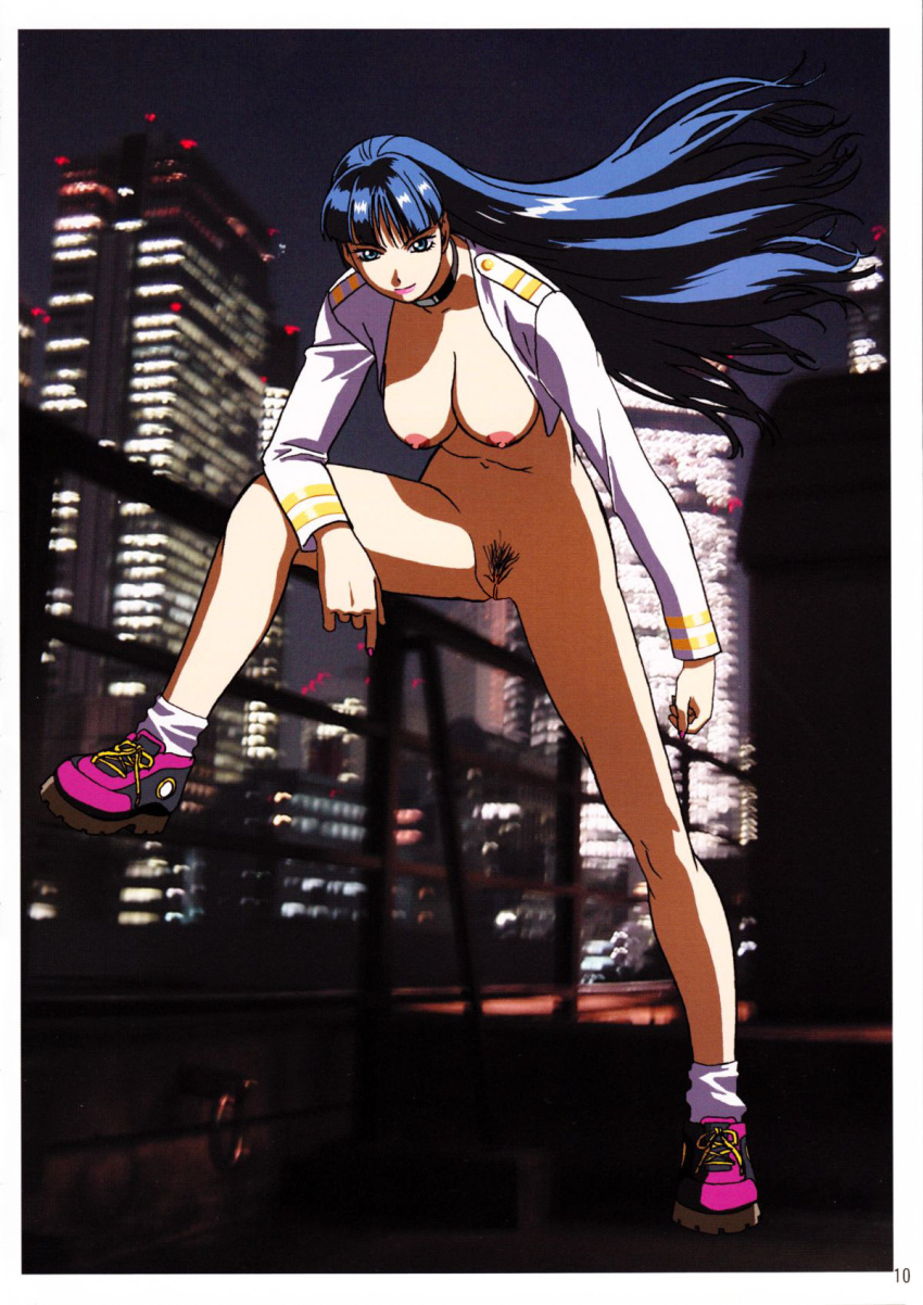 bangs blue_eyes blue_hair blunt_bangs blurry border bottomless breasts building choker city crop_top depth_of_field doujinshi female footwear geneshaft glowing hanging_breasts highres large_breasts leaning_forward leg_lift legs lights lipstick long_hair looking_at_viewer military military_uniform mosaic naughty_face night night_sky nipples no_bra official_art ooshima_yasuhiro open_clothes open_shirt outdoors photo_background pubic_hair public_nudity pussy scan scan_artifacts shoes sky smile sneakers socks sofia_galgalim solo spread_legs standing uniform wind