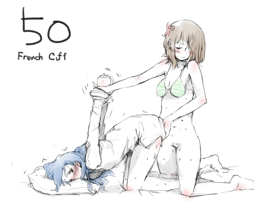 2girls amami_haruka artist_request bikini_top blue_hair blush body_blush bottomless bound_wrists bow brown_hair english female fingering hair_ornament hair_over_one_eyes hairbow idolmaster kent_mame kisaragi_chihaya kneeling long_hair monochrome multiple_girls partially_colored pubic_hair pussy restrained short_hair simple_background sketch sweat top-down_bottom-up white_background yuri