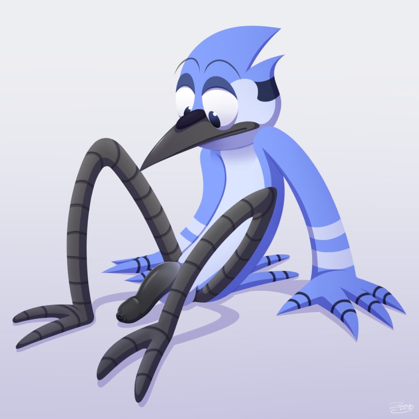 anthro avian beak bird blue_jay cartoon_network corvid foreskin fur humanoid_penis long_foreskin male male_only mordecai penis regular_show solo uncut unretracted_foreskin zawmg