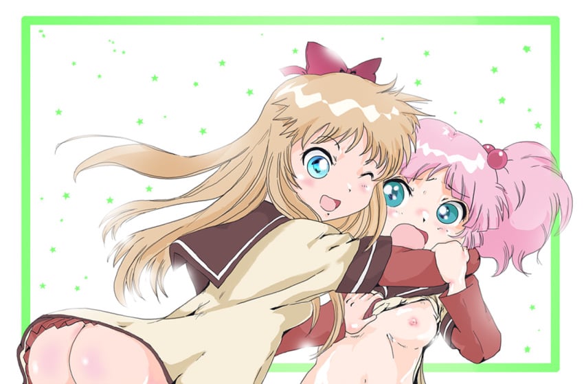 ass blonde_hair blue_eyes bow breast_grab breasts clothing female flat_chest hair_bobbles hair_ornament hairbow hug long_hair multiple_girls nipples no_panties open_mouth pink_hair poniy school_uniform serafuku shirt_lift short_hair simple_background tied_hair toshinou_kyouko twintails wink yoshikawa_chinatsu yuri yuru_yuri