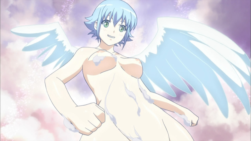 angel angel_girl angel_wings blue_hair breasts green_eyes nanael nude queen's_blade screencap screenshot wings