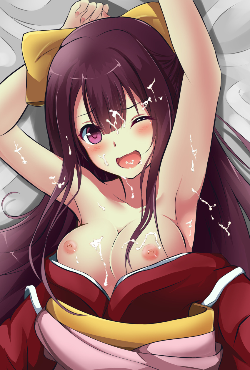 ;o amagami_(makise_tsubaki) armpits arms_up bed_sheet blush breasts breasts_out collarbone cum cum_in_mouth cum_on_body cum_on_breasts cum_on_hair cum_on_upper_body eyebrows eyebrows_visible_through_hair facial female from_above head_tilt highres japanese_clothes kamikaze_(kantai_collection) kantai_collection kimono large_breasts long_hair looking_at_viewer lying nipples off_shoulder on_back one_eye_closed open_clothes open_kimono open_mouth purple_eyes purple_hair sash sidelocks solo topless upper_body very_long_hair wince