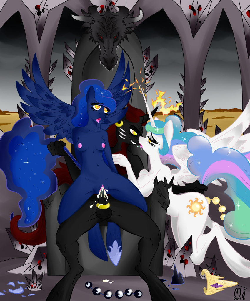 alicorn anal_beads anthro anthrofied balls big_breasts breasts crown cum cum_in_pussy cum_inside equine friendship_is_magic horn kissing mind_control modernstormtrooper my_little_pony navel nipples open_mouth penetration penis princess_celestia_(mlp) princess_luna_(mlp) reverse_cowgirl_position royalty saliva sex_toy sitting tail_pull vaginal_penetration wings yellow_eyes