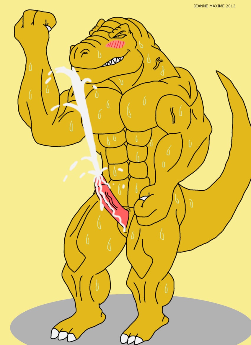 2013 abs anthro biceps closed_eyes cum dinosaur erection extreme_dinosaurs furry male male_only maxime-jeanne muscles nude orgasm pecs penis pose reptile scalie solo t-bone_(extreme_dinosaurs) tyrannosaurus_rex