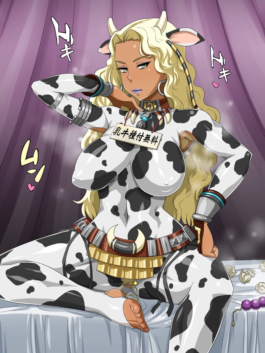 adjusting_hair animal_ear armpit_hair armpits beads bed_sheet belt blonde_hair bodysuit breasts clit_piercing clitoris_piercing cow_accoutrements cow_ear cow_girl cow_print dark-skinned_female dark_skin dynasty_warriors enoshima_iki feet female female_armpit_hair highres horns impossible_clothes impossible_clothing impossible_shirt large_breasts lipstick long_hair looking_at_viewer makeup moo_bitch navel nipples piercing pointy_chin pussy sheets shin_sangoku_musou sitting skin_tight smell solo steam tissue tissues toeless_socks toes toy toys zhu_rong