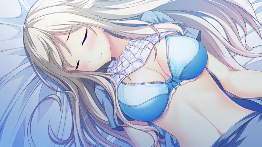 blonde_hair blue_bra blush bra breasts clothed clothed_female female female_only large_breasts long_hair lying_on_bed making_lovers medium_breasts naruse_saki purple_eyes shirt_lift sleeping solo solo_female stomach young