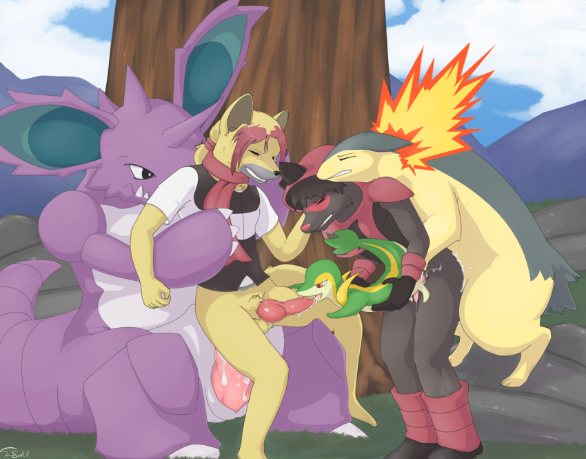 anatomically_correct balls boots bottomless canine color cum cum_string day fur furry gay knot male nidoking no_humans o_face orgy outdoors penis pokemon pokemon_(species) raccoon scarf size_difference snivy straight_hair tom_smith tree typhlosion wolf wood