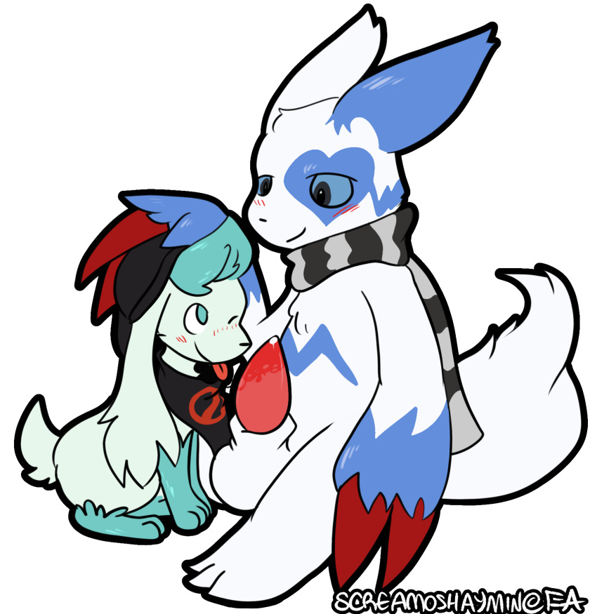 2boys alpha_channel alternate_color anthro feral fur furry gay hi_res interspecies larger_male legendary_pokemon male male_only nico_(shaymin) nintendo oral original_character petting pokémon_(species) pokemon pokemon_(species) pokemon_dppt pokemon_rse screamoshaymin shaymin shaymin_(sky_form) size_difference smaller_male text video_games watermark white_fur yaoi zangoose