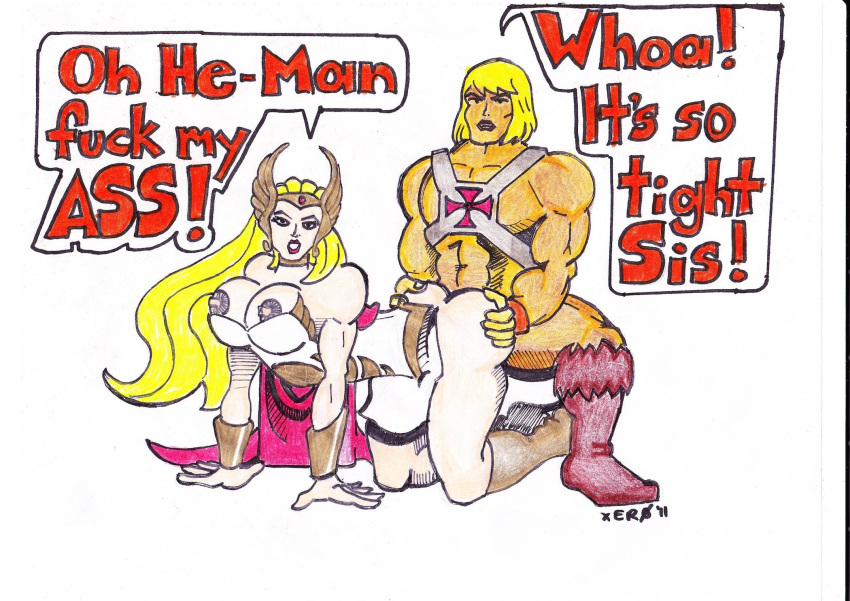 2011 blonde_hair brother_and_sister english_text female he_man incest male masters_of_the_universe penis princess_adora sex she-ra she-ra_princess_of_power speech_bubble straight tagme uncensored xiro