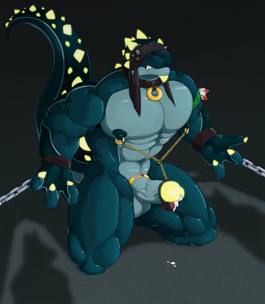 abs anthro balls blue_scales bondage bound chains claws collar croiyan cum glans glowing green_scales hekar humanoid_penis male male_only muscular muscular_male nipples pecs penis precum scales scalie sex_toy thick_tail vein veiny_penis vibrator yellow_scales