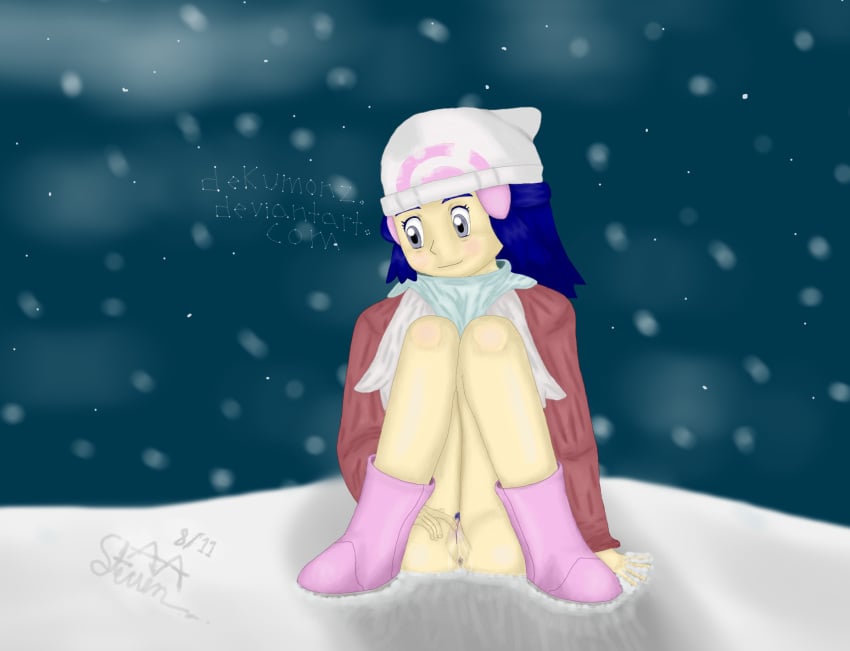 anus beanie clothes clothing color dawn_(pokemon) dawn_(pokemon_platinum) dekumonz female female_only fingering front_view hat human masturbation pokemon pokemon_platinum red_coat red_jacket sitting snow solo tagme vulva white_scarf winter_clothes