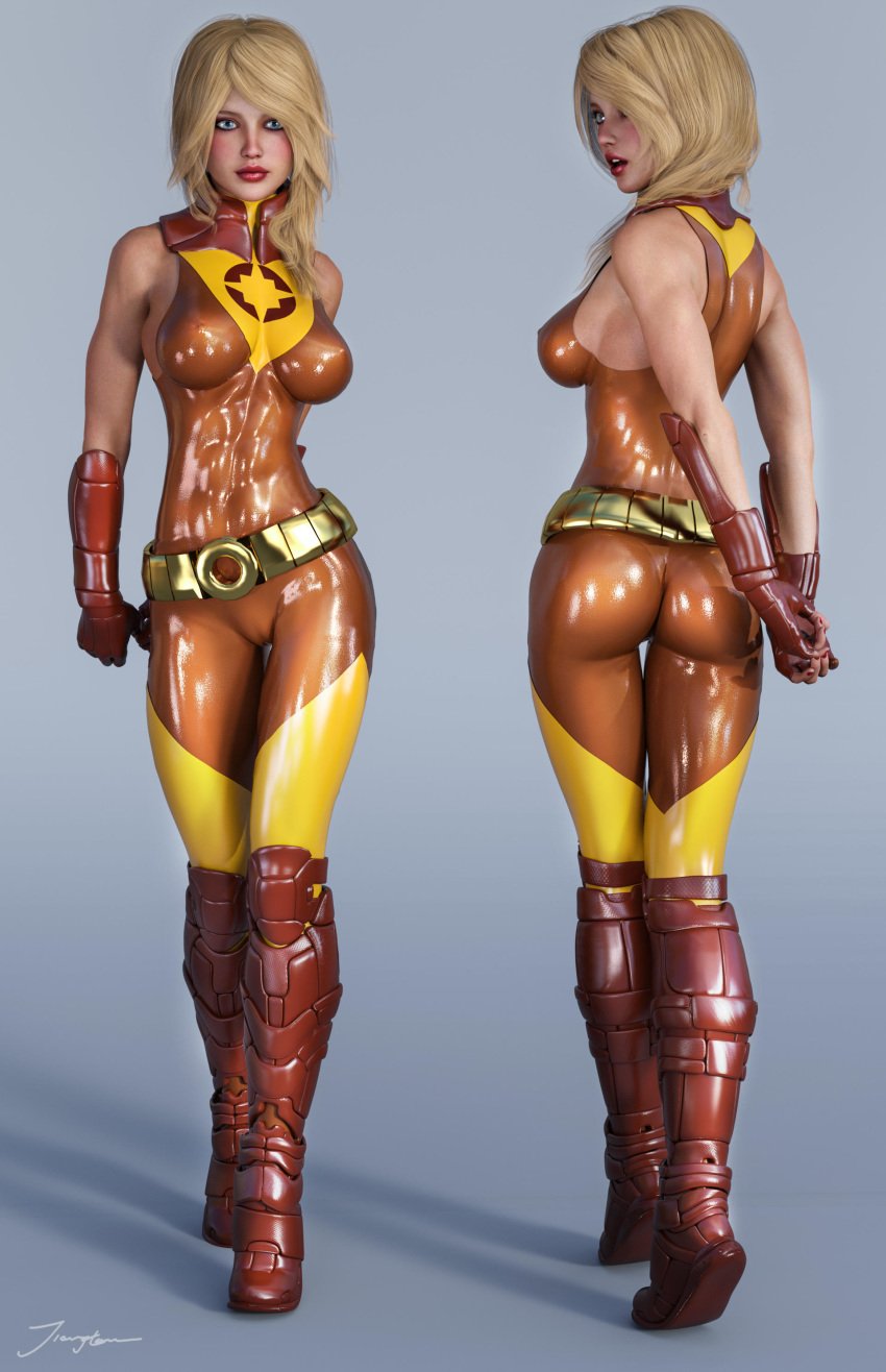 1girls 3d ass back_view belt blonde_hair blue_eyes blush bodysuit boots breasts brown_bodysuit brown_boots brown_gloves cameltoe clothing dc dc_comics erect_nipples erect_nipples_under_clothes eyeshadow female female_only footwear from_behind front_view gloves hands_behind_back handwear human light_smile lipstick long_hair looking_back makeup mascara medium_breasts metahuman nipple_bulge nipples open_mouth pinup pouch pussy red_lips red_lipstick signature solo standing superheroine supervillain tara_markov teen_titans terra_(dc) tiangtam vulva yellow_belt