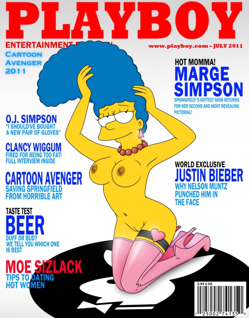 blue_hair breasts cartoon_avenger closed_mouth color curly_hair ear_piercing english_text exposed_breasts female female_only hair human kneeling long_hair looking_at_viewer marge_simpson mother_colette_choisez mouth necklace open_eyes pearl_necklace piercing playboy pose posing skin solo text the_simpsons vulva yellow_skin