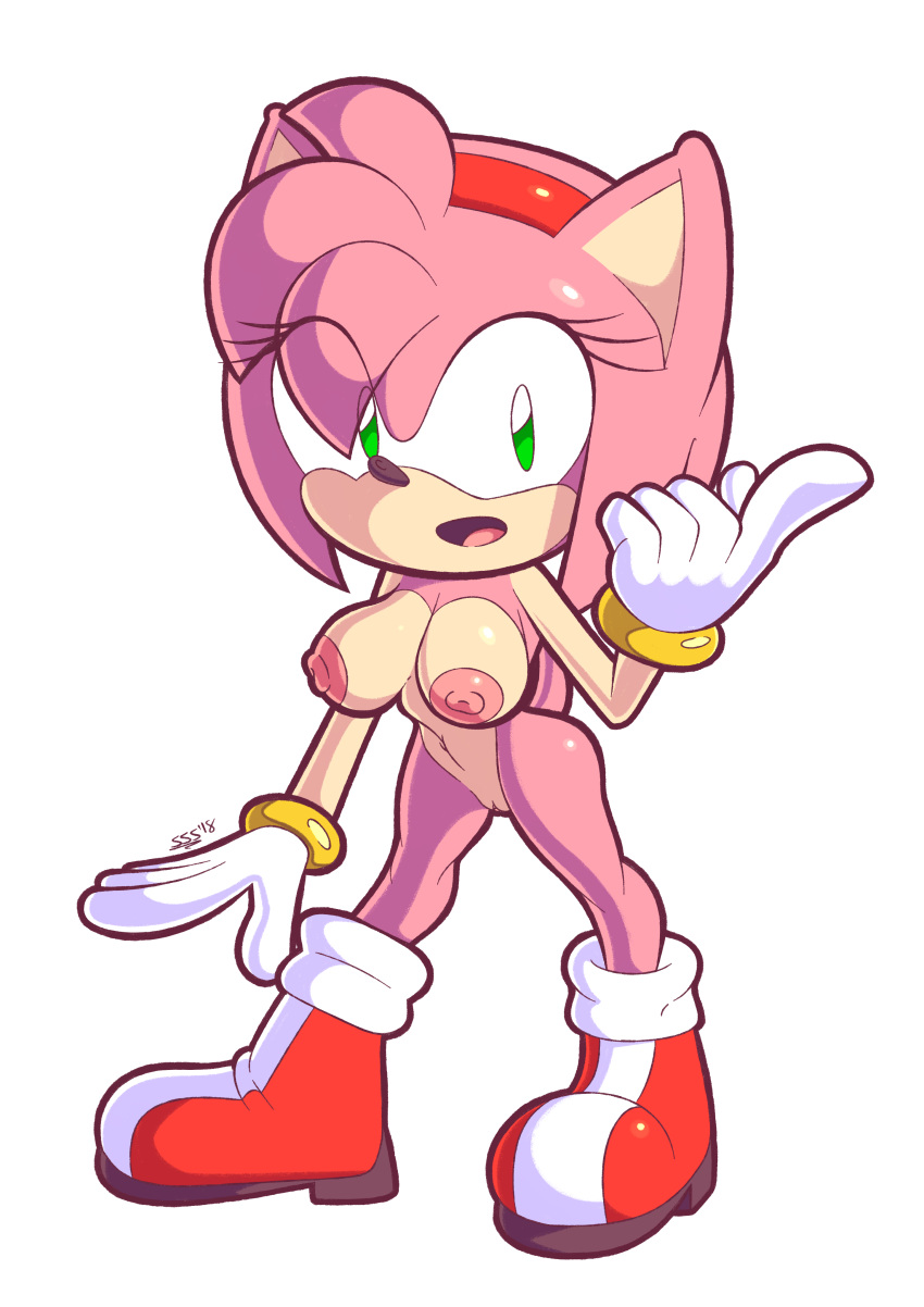 2018 absurdres amy_rose areola big_eyes big_head boots bracelet breasts erect_nipples female footwear gloves green_eyes hairband hedgehog highres jewelry mammal navel nipples nude open_mouth pointing pussy simple_background solo sonic_(series) supersegasonicss white_background