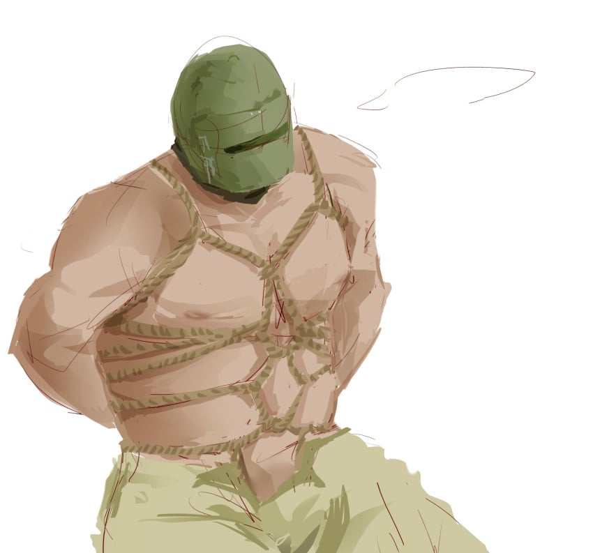 1boy bondage bound bound_wrists helmet kulo_75 male male_only muscular muscular_male open_pants rainbow_six_siege rope rope_bondage russian shirtless shirtless_male solo solo_male tachanka_(rainbow_six) tied_up topless_male white_background