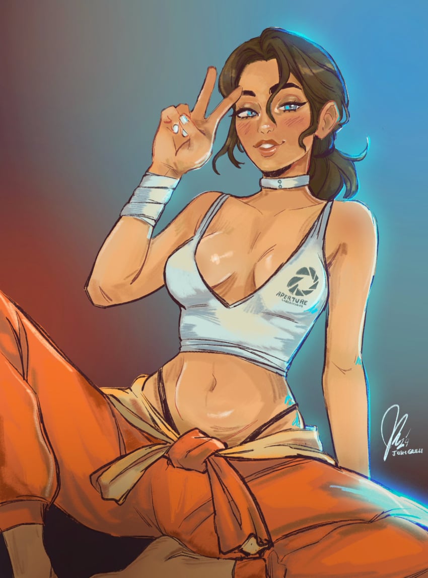 1girls asian_latina blue_eyes breasts brown_hair chell cleavage joshgrilli latina medium_breasts nail_polish peace_sign ponytail portal_(series) smile tagme tank_top thong visible_underwear white_nails wristwear