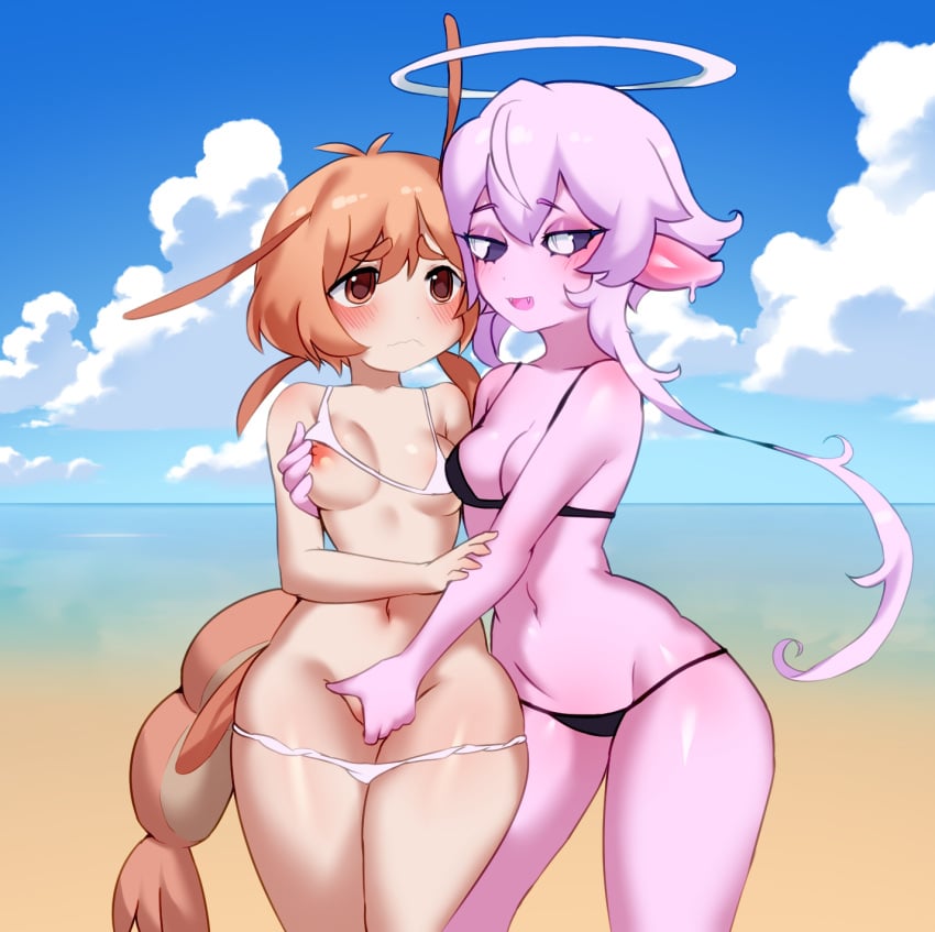 2girls beach bikini blush colored_skin embarrassed fingering halo highres jellyfish_girl multiple_girls orange_hair original pepper_(teuthidan) pink_hair pink_skin pointy_ears removing_bikini_top shrimp_girl shrimp_tail swimsuit twibli1 very_long_sidelocks yuri zeri_(teuthidan)