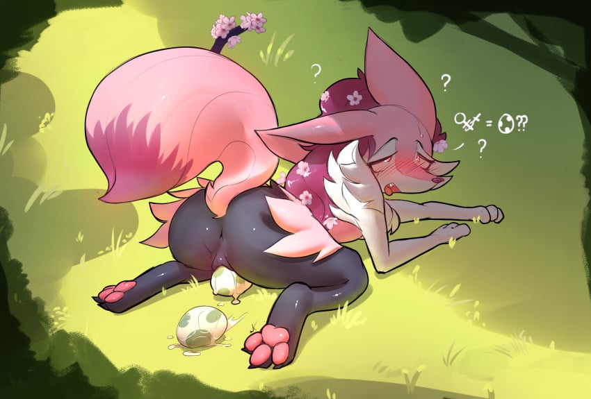 1girls accessory anthro anus ass big_ears blush bodily_fluids braixen branch cherry_blossom confusion egg egg_laying facial_tuft female female_only flower flower_in_hair forest fur genital_fluids genitals grass grey_body grey_fur hair_accessory hanami_the_braixen hi_res nintendo pawpads paws pink_body pink_fur plant pokémon_(species) pokemon pokemon_(species) pussy solo storm_(artist) sweat tree tuft vaginal_fluids white_body white_fur