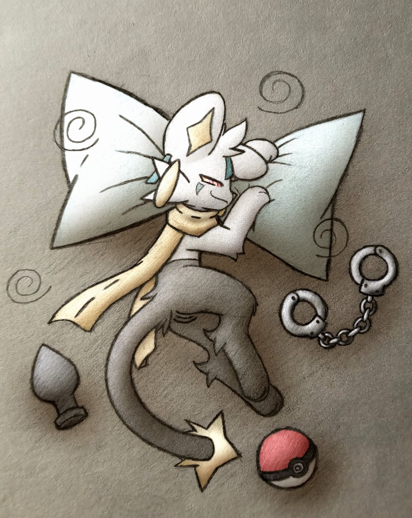 absurd_res buttplug cuff_(restraint) cuffs_(clothing) del_(artist) domestic_cat felid feline felis female feral generation_3_pokemon generation_4_pokemon handcuffs hi_res hybrid hypnotic_eyes jirachi legendary_pokemon mammal metal_cuffs nintendo pillow plug_(sex_toy) pokeball pokemon pokemon_(species) restraints scarf sex_toy shinx solo solo_focus