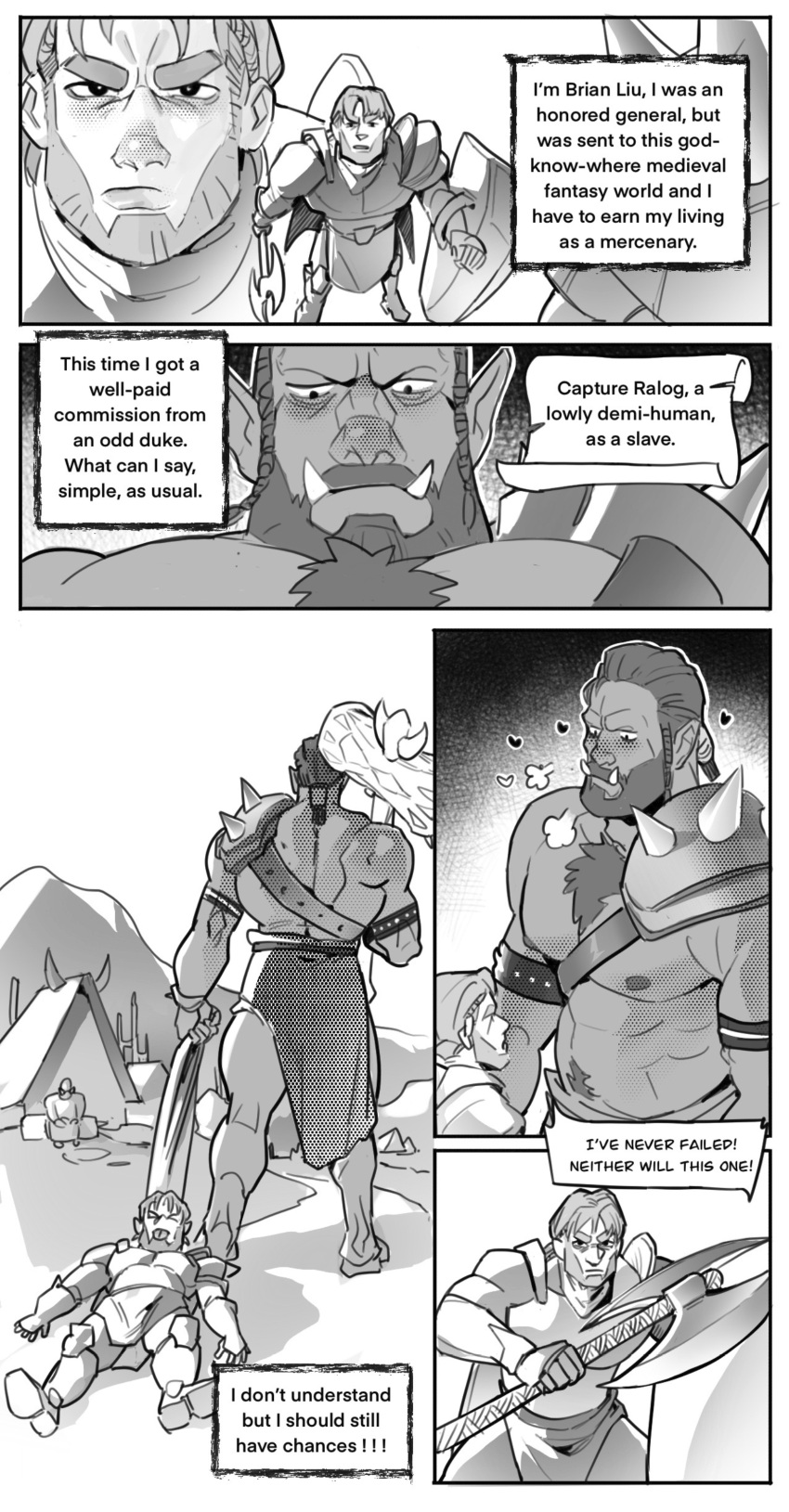 armor bara beard caiothevici comic english_text gay hairy_chest male male/male male_nipples male_only monochrome muscular_male nipples orc orc_male size_difference teeth teeth_visible text tusks