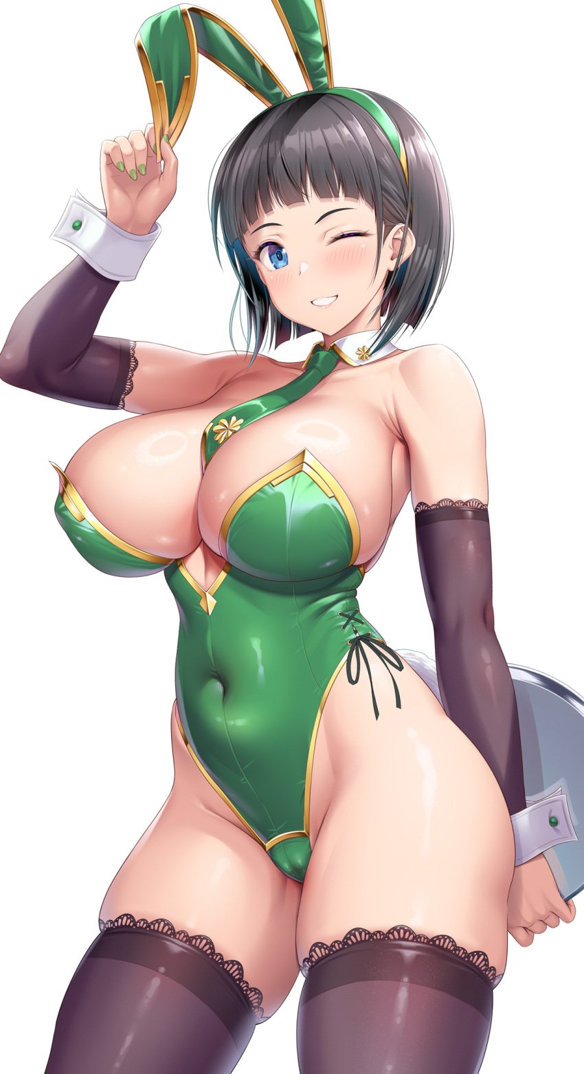 1girls black_hair blue_eyes breasts bunny_ears bunny_girl bunnysuit cleavage female female_human hips hourglass_figure huge_breasts human kawase_seiki kirigaya_suguha large_breasts leotard light-skinned_female light_skin short_hair simple_background slim_waist sword_art_online thick_thighs thighhighs thighs variant_set wide_hips