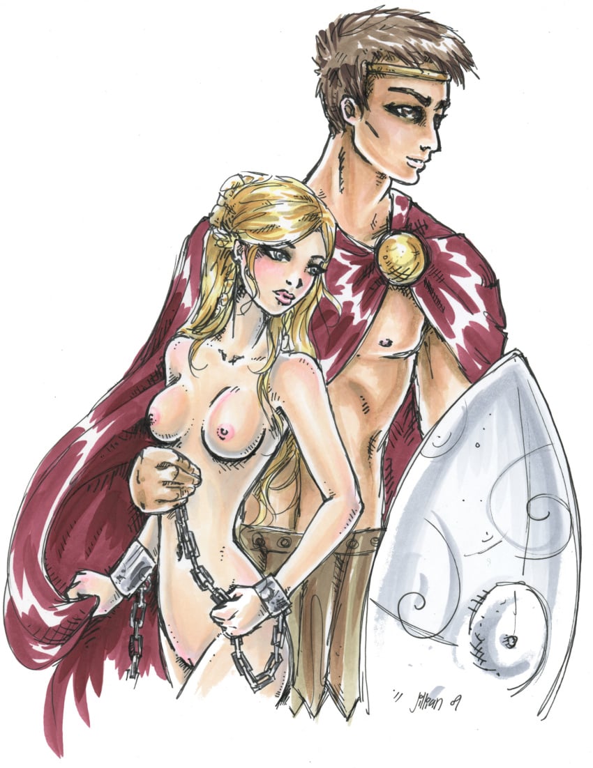 1boy 1girls 2009 andromeda_(greek_mythology) areolae blonde_hair breasts brown_hair chains clothed_male_nude_female european_mythology greek_mythology mythology nipples nude nude_female odins-girl perseus public_domain pussy royalty shackles shield white_background