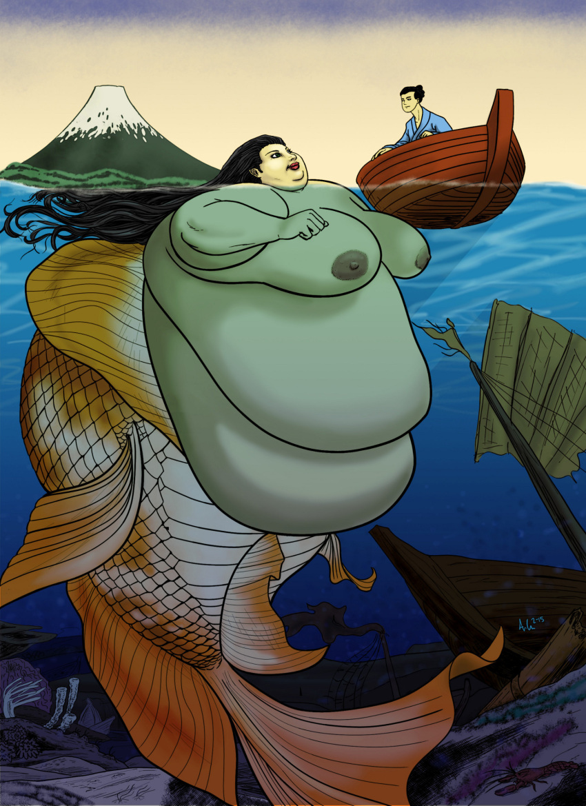 1boy 1girls asian asian_female bbw belly big_belly black_hair breasts fat female female_focus giantess japanese japanese_clothes macro male merfolk mermaid monster_girl morbidly_obese nipples obese overweight overweight_female ray_norr size_difference ssbbw underwater