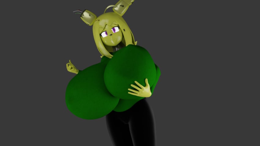 big_breasts breasts clothed clothes cometfnia erect_nipples_under_clothes erection_under_clothes erection_under_clothing female five_nights_at_freddy's five_nights_at_freddy's_3 five_nights_in_anime fnaf fnaf3 fnia girl grabbing_own_breast green_suit large_boobs large_breasts nipples_visible_through_clothing original pants purple_eyes springtrap springtrap_(fnaf) springtrap_(fnia)