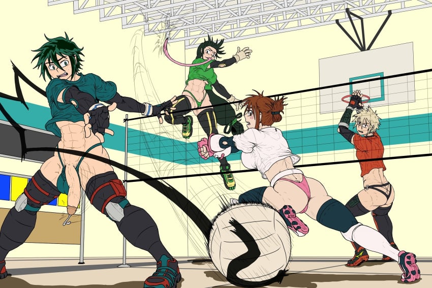 2boys 2girls action_pose big_ass big_breasts big_penis color detailed_background dick_slip gym gym_clothes ineffective_clothing izuku_midoriya katsuki_bakugou kiahl lobsterkiahl male muscular muscular_female muscular_male my_hero_academia ochako_uraraka penis penis_out skimpy skimpy_clothes sneakers thick_thighs thighhighs thong thong_bikini thong_panties tsuyu_asui volleyball workout workout_clothes