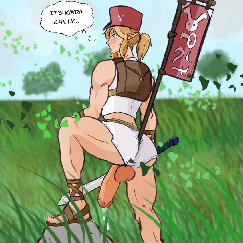 ballsack breath_of_the_wild detailed_background jja_nap link link_(breath_of_the_wild) link_(tears_of_the_kingdom) male_only oblivious oblivious_nudity sword the_legend_of_zelda throbbing_penis