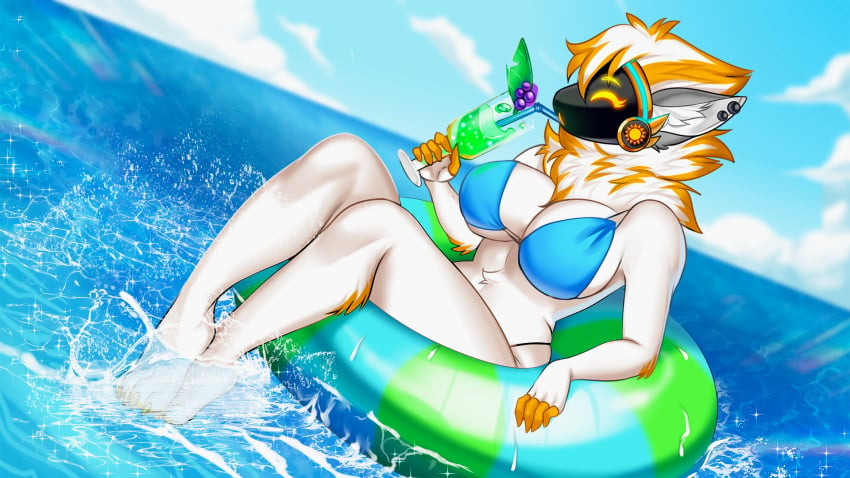 anthro bikini breasts cocktail dirty_fox_games drinking floatie furry juno_(my_furry_protogen) large_breasts my_furry_protogen my_furry_protogen_2 ocean orange_fur orange_highlights pierced_ears piercing protogen white_fur