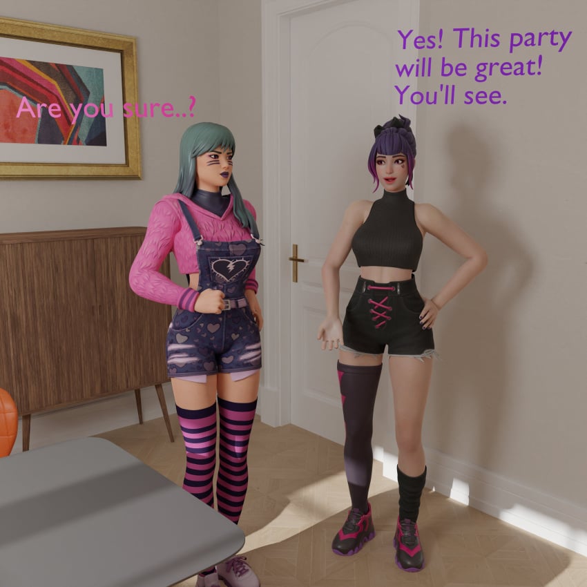 2girls 3d 3d_(artwork) blender blue_hair comic conversation detailed_background duo epic_games female_focus female_only fortnite fortnite:_battle_royale jean_shorts light-skinned_female loams3d overalls room shorts standing syd_(fortnite) talking text tracy_trouble_(fortnite)