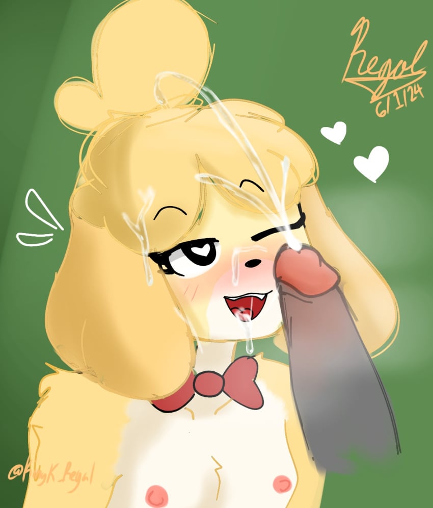 2024 animal_crossing anthro areolae blush bowtie cum cum_in_mouth cum_on_face cumshot cute disembodied_penis flat_chest heart heart-shaped_pupils isabelle_(animal_crossing) kkmate self_upload small_breasts