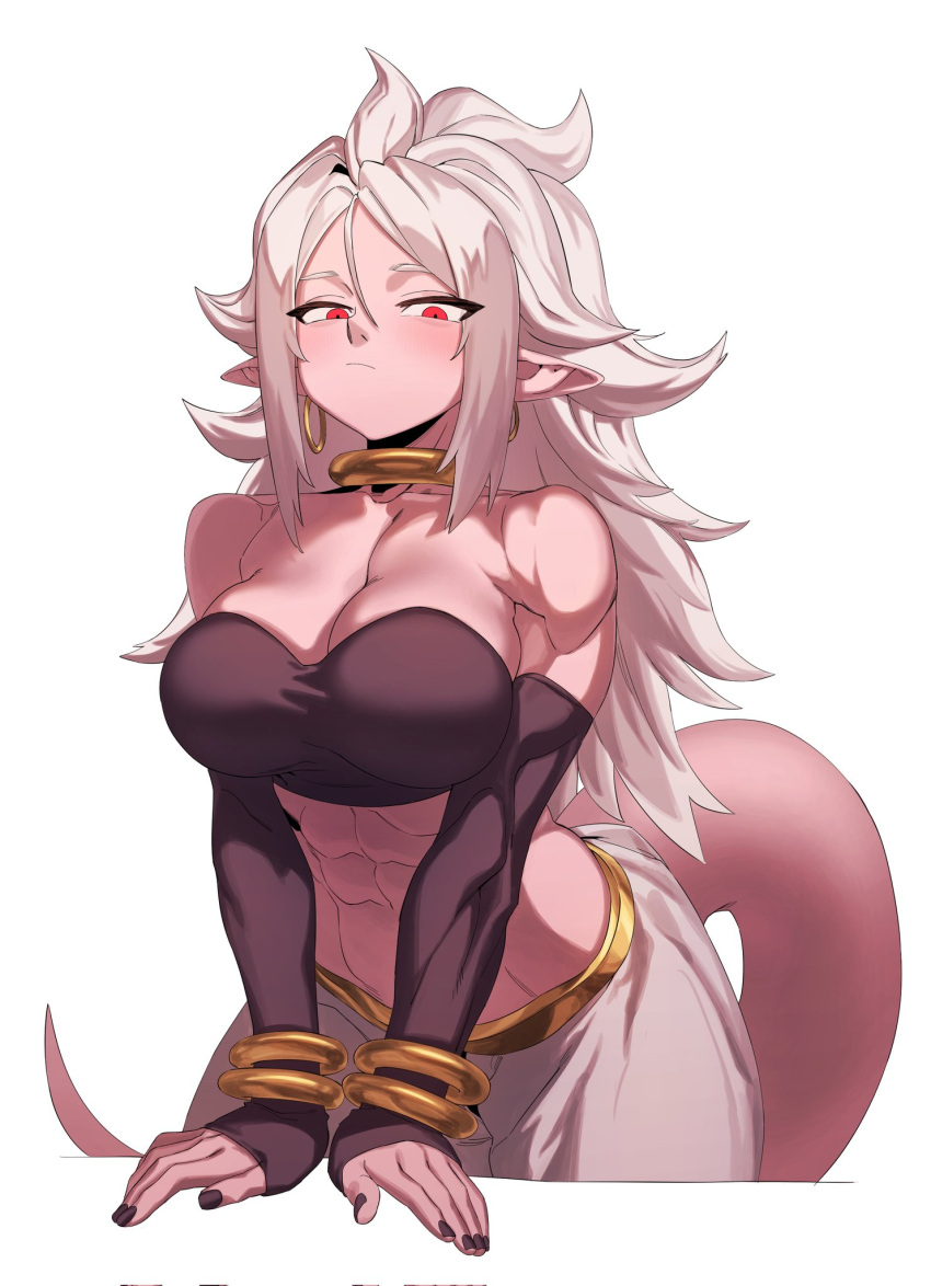 1girls abs android_21 arabian_clothes athletic_female big_breasts black_nails bracelet collar dragon_ball dragon_ball_fighterz dragon_ball_z fit_female harem_outfit jewelry long_hair looking_at_viewer majin_android_21 muscular_arms muscular_female pink_body pink_skin pointy_ears red_eyes six_pack sole_female spiked_hair spiky_hair stare tail white_hair zquung