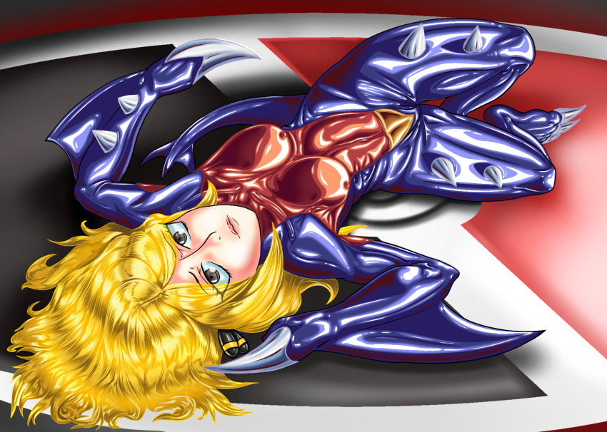 alternate_version_available big_breasts blonde_hair bodysuit bondage_gloves breasts claws clothing cynthia_(pokemon) female female_only garchomp garchomp_(cosplay) gray_eyes hair_ornament human latex latex_clothing latex_suit long_hair looking_at_viewer mr.bones22 png pokemon pokemon_(species) pokemon_dppt pokesuit rubber rubber_clothing rubber_suit shiny shiny_clothes solo spikes