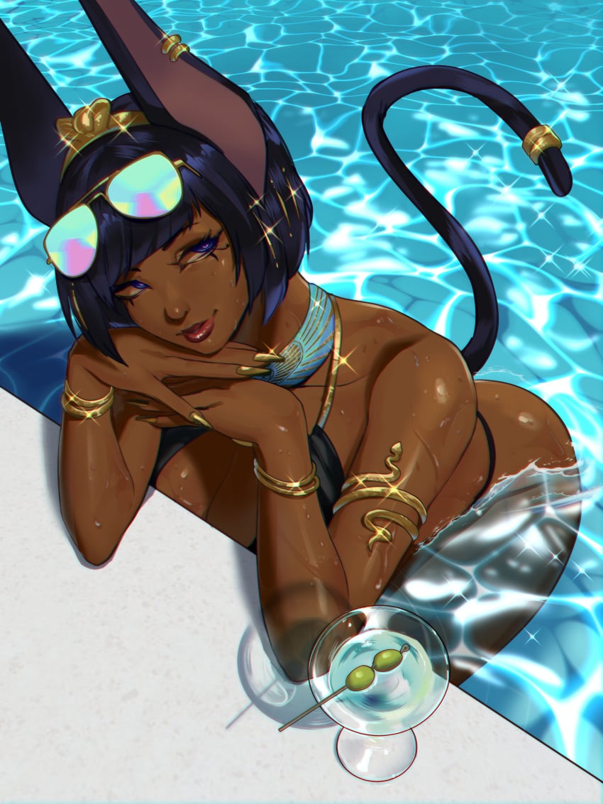 1girl 1girls alcohol alcoholic_drink animal_ear animal_ears animal_tail armband ass aviator_sunglasses bangle big_ass big_boobs big_breasts big_butt big_tits bikini black_bikini black_hair blue_eyes boobs bow_hairband bracelet breasts butt cat_ears cat_girl cat_tail catgirl cocktail cocktail_glass cup dark-skinned_female dark_hair dark_skin drinking_glass ears egyptian egyptian_female elizabeth_(skullworms) eye_of_horus eyes eyewear eyewear_on_head female female_focus female_only female_solo fingernails glasses glasses_on_forehead glasses_on_head gold_(metal) gold_bracelet gold_fingernails gold_hairband gold_jewelry gold_nail_polish gold_nails hair hairband jewelry kemono kemonomimi lips long_fingernails martini martini_glass metallic_nail_polish monster_girl olive_(fruit) original original_character partially_submerged partially_submerged_legs pool poolside red_lips sharp_fingernails sharp_nails short_hair skullworms solo solo_female solo_focus sunglasses swimsuit tail tits water wet_body wet_clothes wet_clothing wet_skin