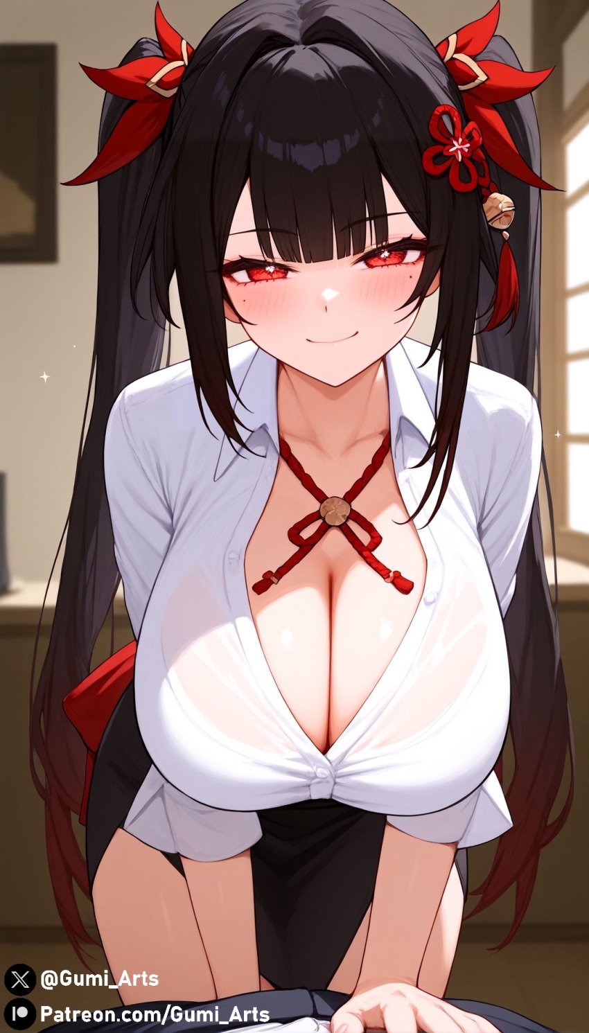 1boy 1girls ai_generated bent_over black_hair blush cleavage gumi_arts hair_ornament honkai:_star_rail huge_breasts long_hair looking_at_viewer naughty_face pov red_eyes shirt skirt smirk sparkle_(honkai:_star_rail) stable_diffusion thick_thighs twintails wide_hips