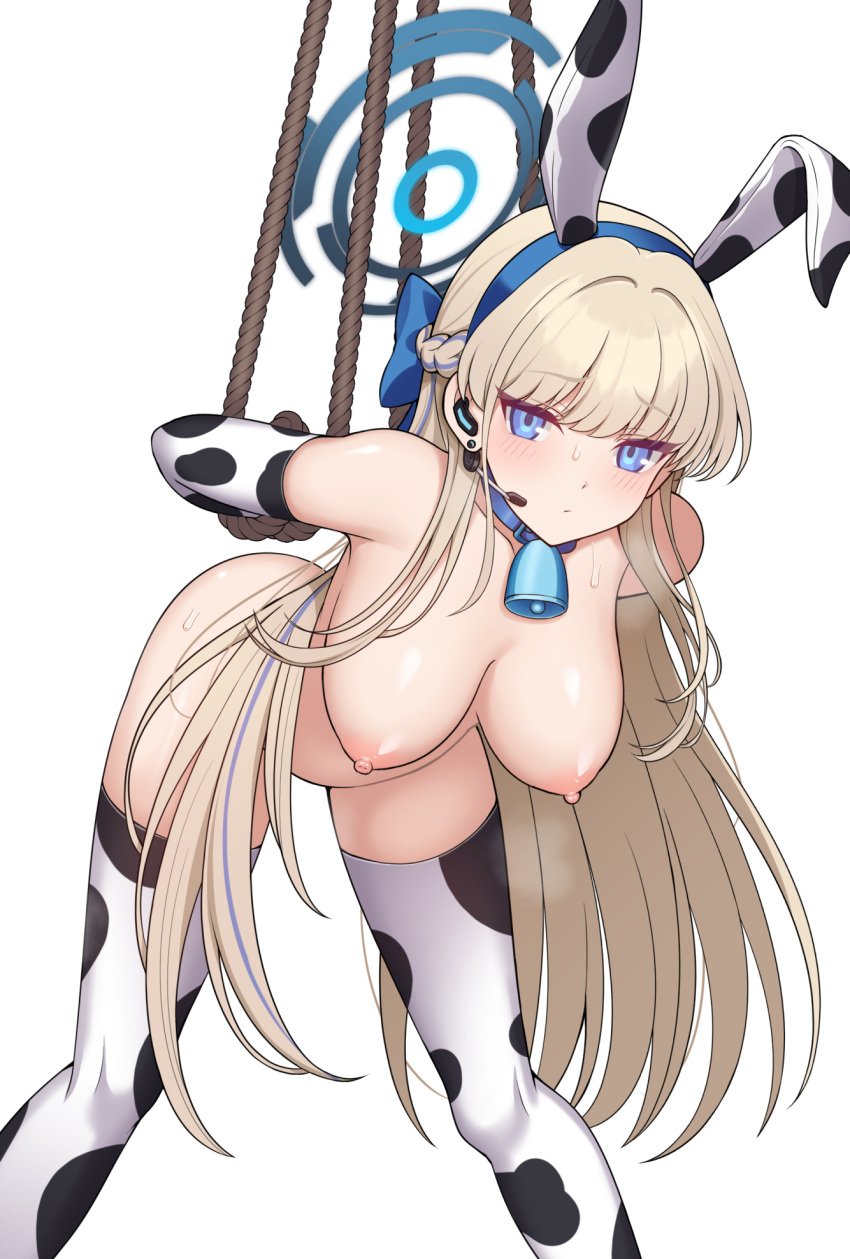 1girl alternate_breast_size alternate_costume arms_behind_back arms_restrained arms_tied arms_tied_behind_back ass_up bending_over big_breasts blonde_female blonde_hair blue_archive blue_collar blue_eyes blue_hairband blue_halo blush breasts bunny_ears cleaning_&_clearing_(blue_archive) collar cow_print cow_print_armwear cow_print_gloves cow_print_legwear cow_print_thighhighs cowbell earpiece elbow_gloves fanbox_reward female female_only fit_female gloves hairband halo high_resolution highres huge_breasts komainu_(yamaha1997) kuudere large_breasts long_hair looking_at_viewer microphone millennium_science_school_student mostly_nude mostly_nude_female nipples no_sex open_eyes paid_reward_available rope rope_bondage shiny_skin slim_waist solid_color_background standing sweat sweatdrop teenage_girl teenager thick_thighs thighhighs thighs toki_(blue_archive)