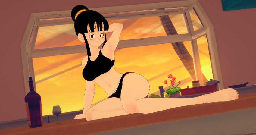 3d 3d_(artwork) 3d_model anime_character bedroom_eyes bra chichi cute cute_expression cute_pose dragon_ball dragon_ball_super dragon_ball_z drunk hair_bun highres image_set kaio-sheeen kame_house kitchen koikatsu laying_on_table looking_at_viewer milf naughty_face naughty_smile panties posing_for_picture posing_for_the_viewer sexy_pose sitting sitting_on_table sunset tipsy underwear wine wine_bottle wine_glass