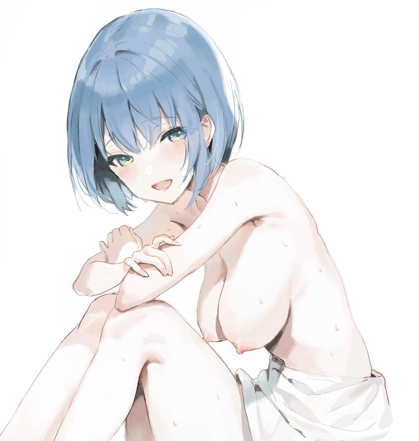 1girls armpits big_breasts blue_hair breasts breasts breasts breasts_out female high_resolution highres kiritani_haruka looking_at_viewer naked nipples pov project_sekai sitting smile smiling smiling_at_viewer solo solo_female solo_focus sweat sweating sweaty tits_out towel towel_only wet wet_body white_background