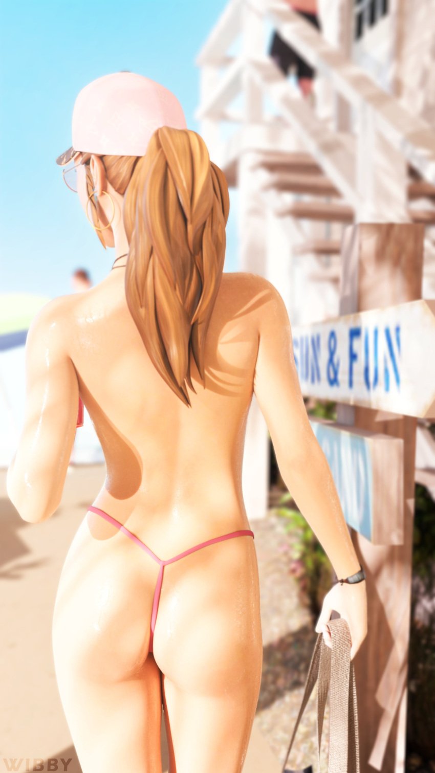 3d ass blonde_hair bubble_butt casual clothing female female_focus female_only full_color g-string headwear human life_is_strange long_hair no_penetration pale_skin panties rachel_amber rear_view solo solo_female swimwear tagme thong thong_bikini topless wibby