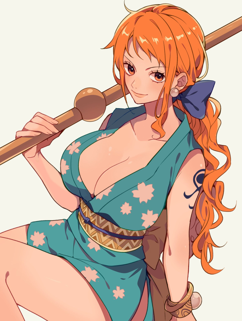 1girls arm_tattoo big_breasts bow bow_in_hair busty cleavage earrings female female_only kurage20001 legs light-skinned_female light_skin nami one_piece orange_eyes orange_hair post-timeskip tattoo thighs