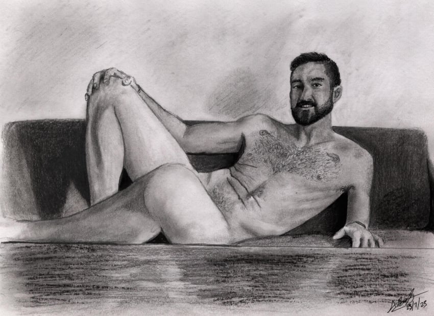 1boy bed_buddy birthday_suit drawing gay gay_male hairy_chest hairy_male hand_drawn handdrawn handdrawn_art laying_on_sofa male male_only monochrome pencil pencil_(artwork) pencil_sketch self_upload sketch sketches_by_adab solo talkflirtytomike