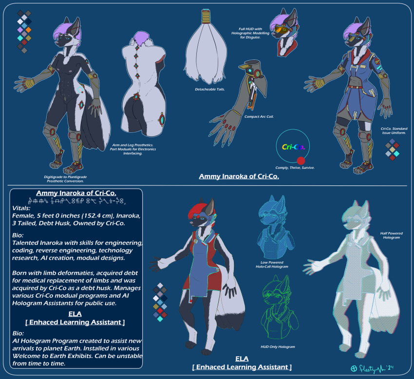 ammy_inaroka_(character) armor blue_eyes breasts canid canine claws clothing costume e.l.a._(character) female fleety_(artist) fox genitals hair headgear helmet hi_res hologram machine mammal model_sheet nipples nude prosthethics pussy red_hair science_fiction tail weapon