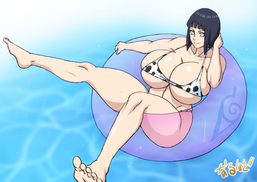 1girl barefoot big_breasts bikini boruto:_naruto_next_generations cow_print feet floatie floating hyuuga_hinata milf naruho naruto naruto_(series) pale-skinned_female pool tagme toes