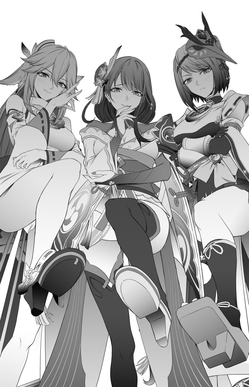 3girls animal_ears big_breasts breast_curtains breasts clothed clothing crossed_arms detached_sleeves feet femdom foot_fetish footwear fox_ears from_below genshin_impact hair_between_eyes hair_ornament japanese_clothes kimono kujou_sara long_hair mask mask_on_head monochrome multiple_girls one_leg_up pleasure_face raiden_shogun sandals short_hair smile smug standing standing_on_one_leg takai_isshiki thick_thighs thighhighs wide_hips wide_sleeves wide_thighs yae_miko