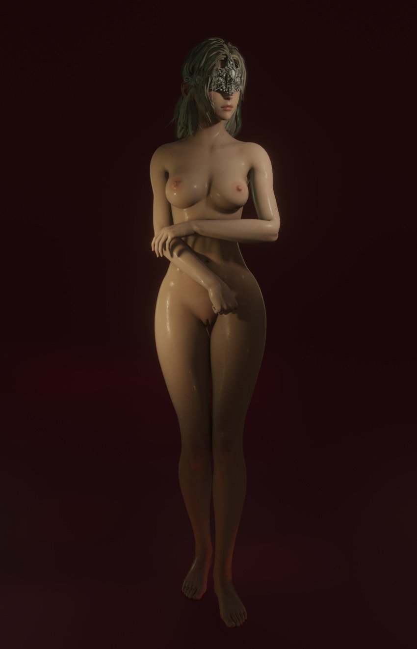 3d 3d_(artwork) arm_under_breasts background barefoot basic_background blender blonde_female blonde_hair breasts cleft_of_venus collarbone completely_nude dark_souls dark_souls_3 eyewear female female_only fire_keeper hairless_pussy labia legs_together looking_away lorded navel nipples nude nude_female pink_nipples pose pussy red_background standing thighs vulva wet_skin wide_hips