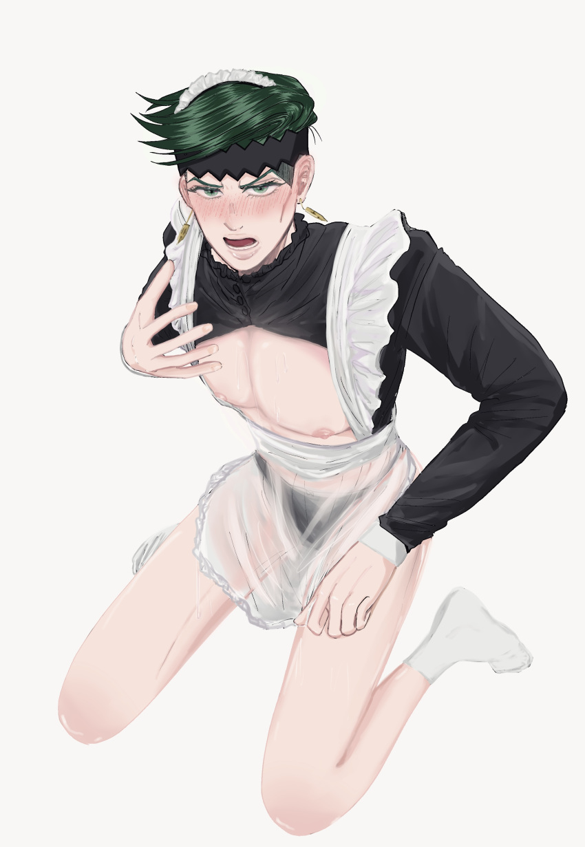 1boy diamond_is_unbreakable green_eyes green_hair jojo's_bizarre_adventure maid maid_headdress male male_maid male_only rohan_kishibe solo